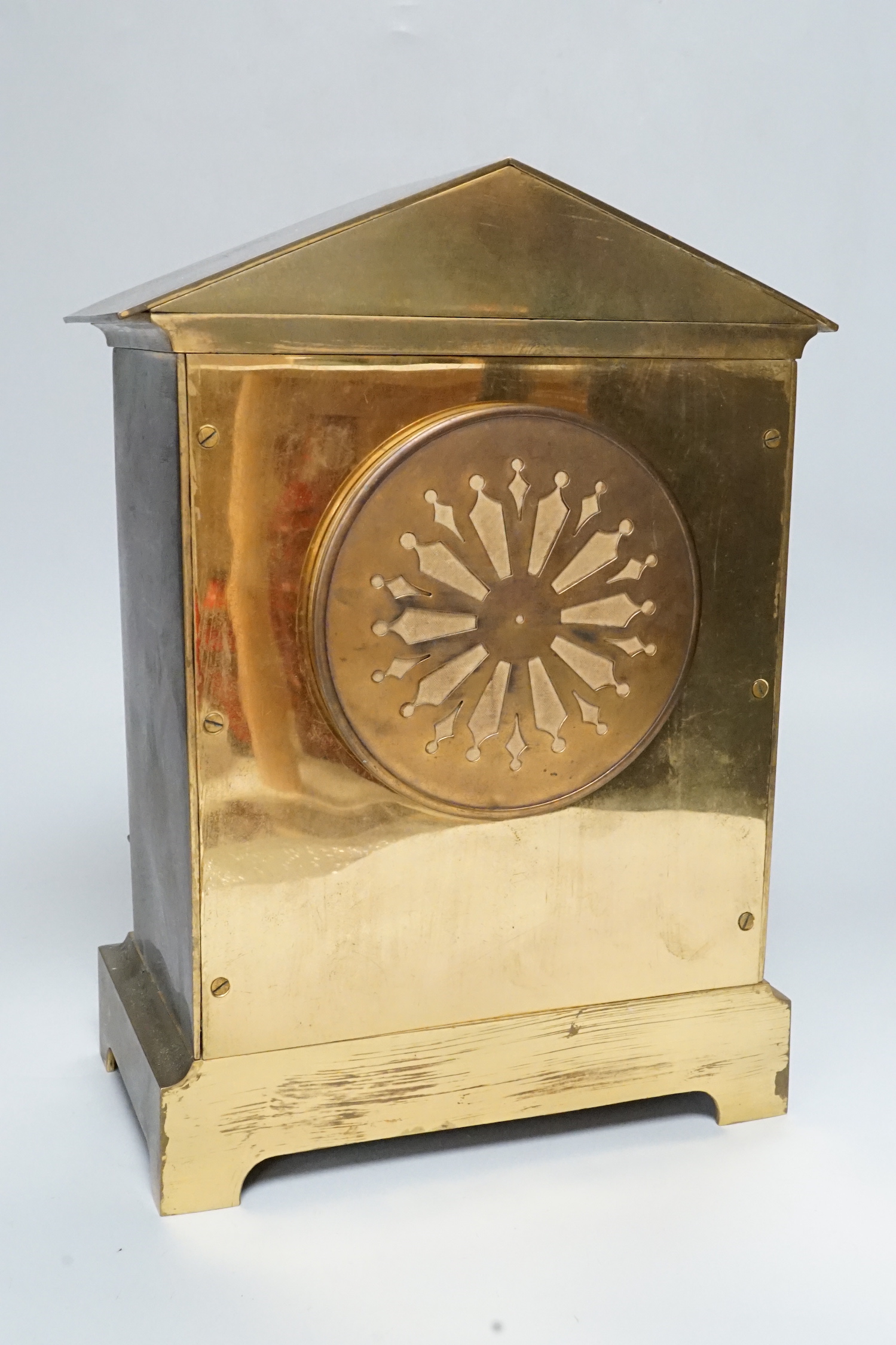 A French ormolu mounted brass architectural mantel clock with Surrey Yeomanry 1908 inscription, 29cm